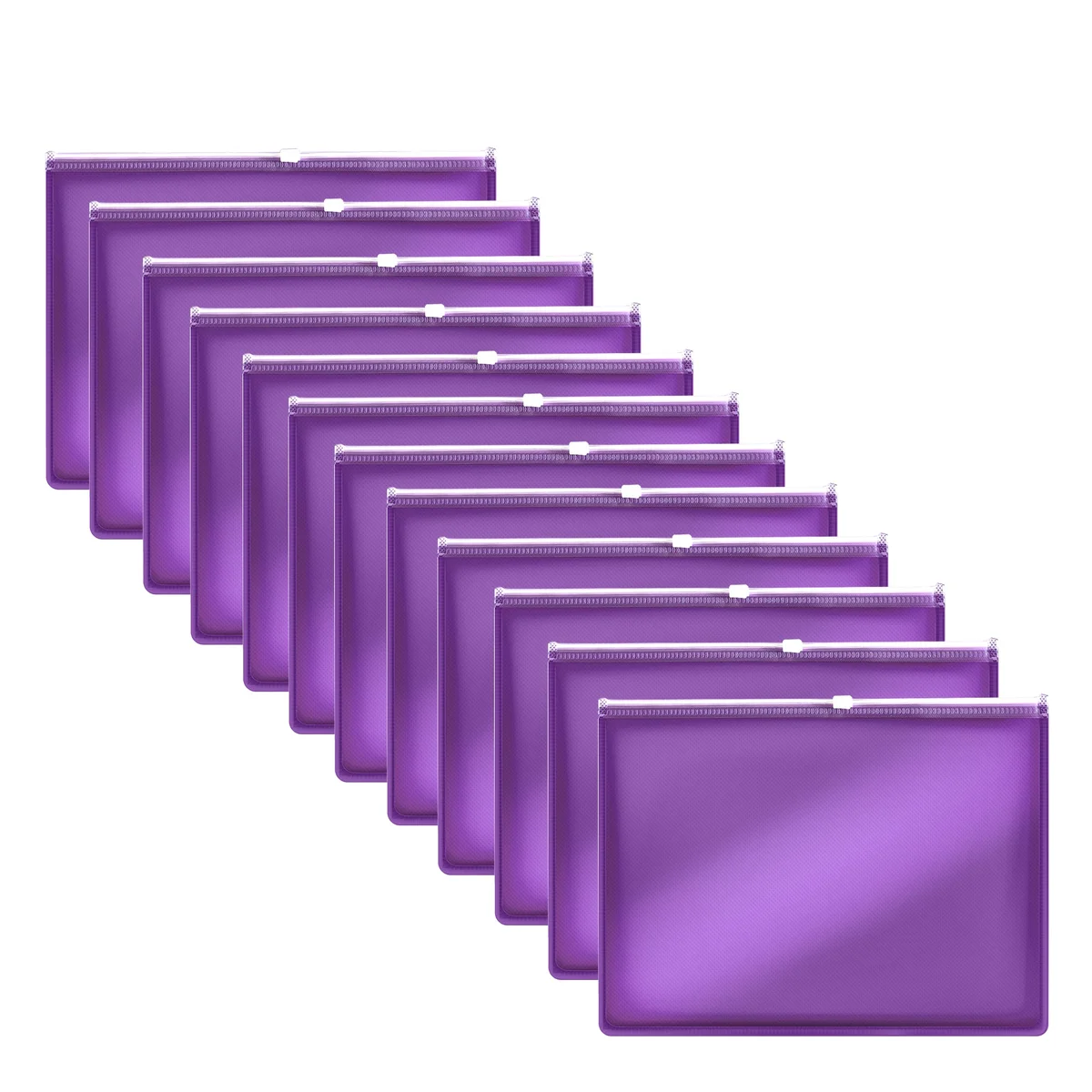 Set of 12 clear waterproof document wallets with zip lock, sized for A4 and A5 papers, stacked neatly on white background