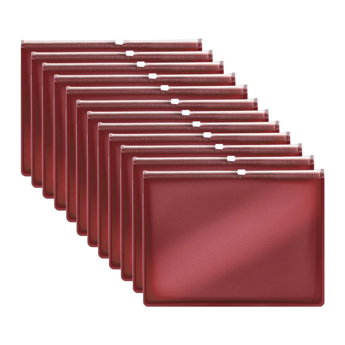 Set of 12 clear waterproof document wallets with zip lock, shown stacked and slightly fanned out on white background
