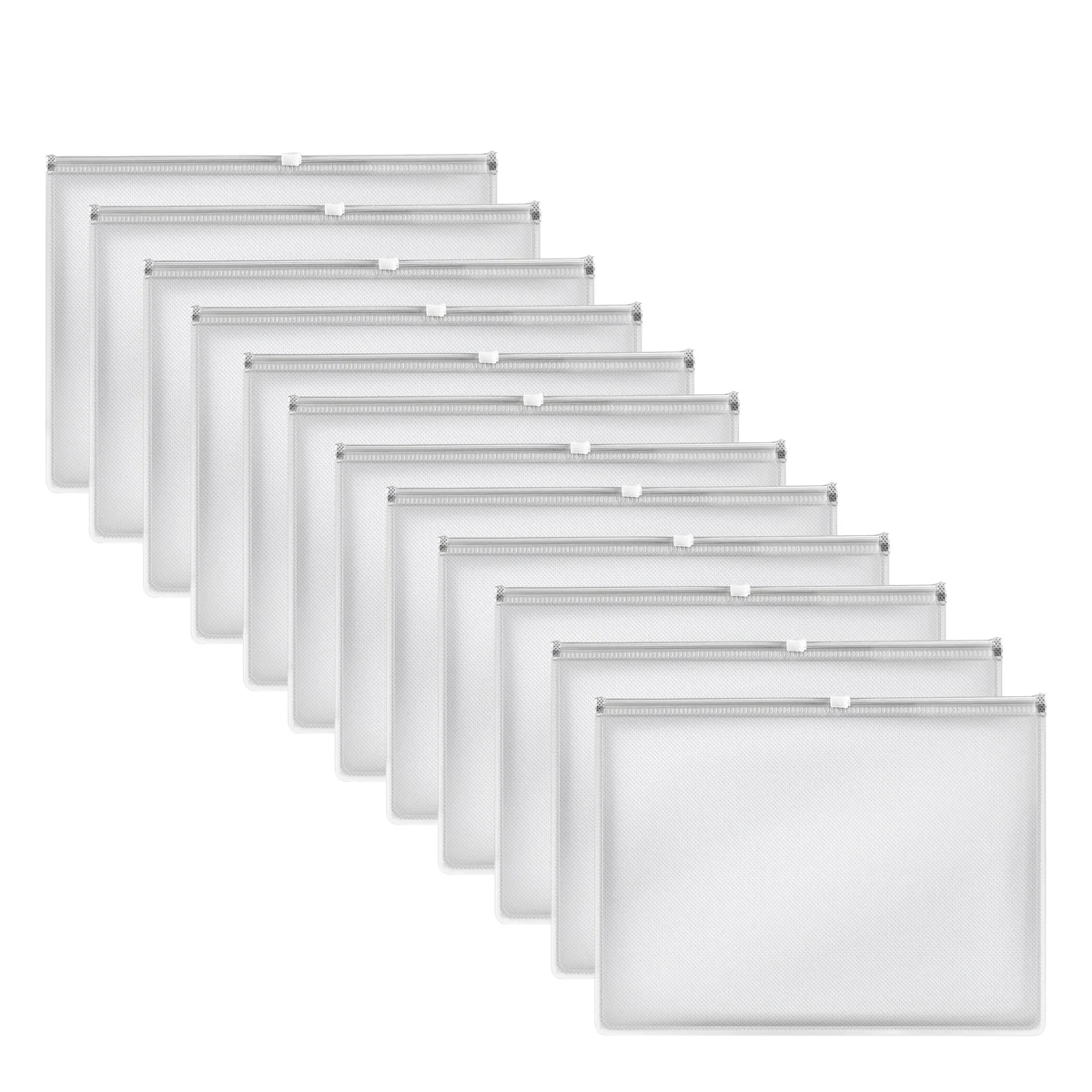 Set of 12 clear waterproof document wallets with zip lock, suitable for A4 and A5 papers, stacked neatly on white background