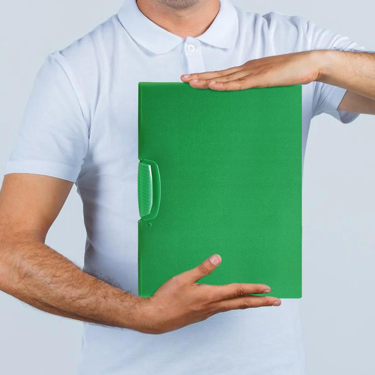 Four plastic report covers with front swing clips, slightly larger than A4, stacked showing clear and coloured covers