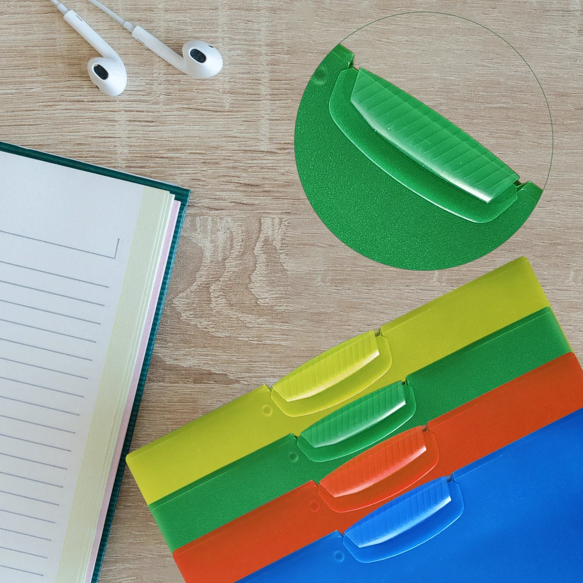 Four plastic clip file folders with front swing clips, showing durable, waterproof design and side tab for A4 documents