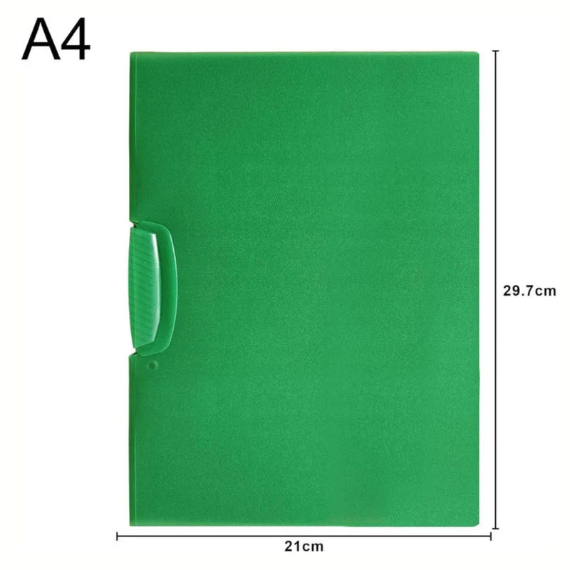 Four plastic report folders with front swing clips stacked, showing durable plastic and side clip detail for A4 documents