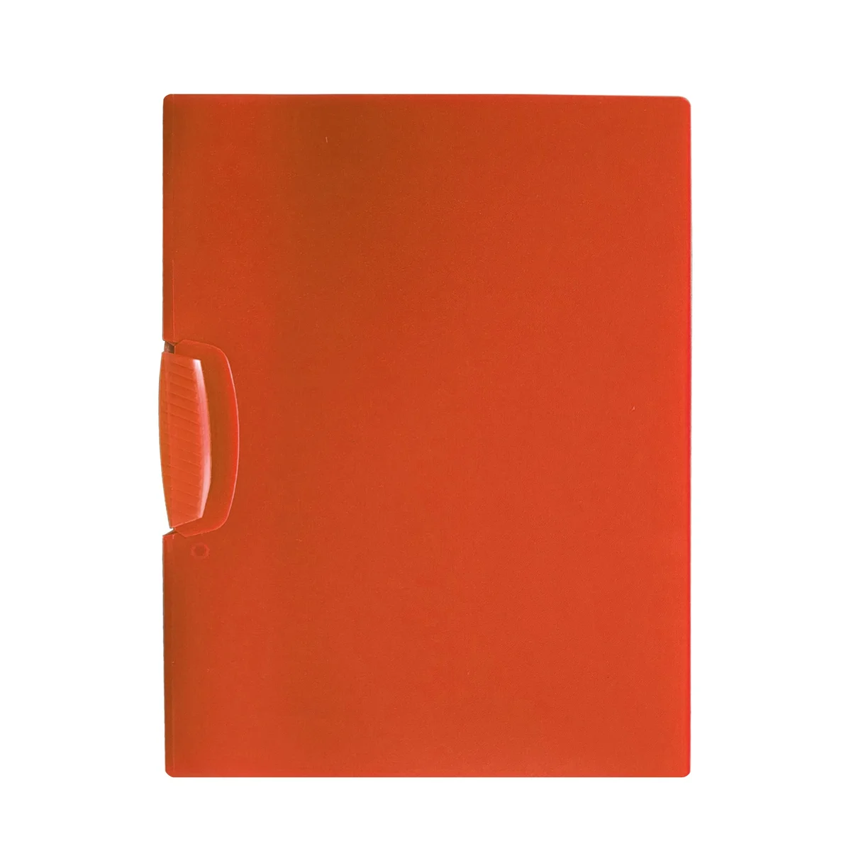 Four plastic report covers with front swing clips stacked, showing durable, waterproof material and side tab design