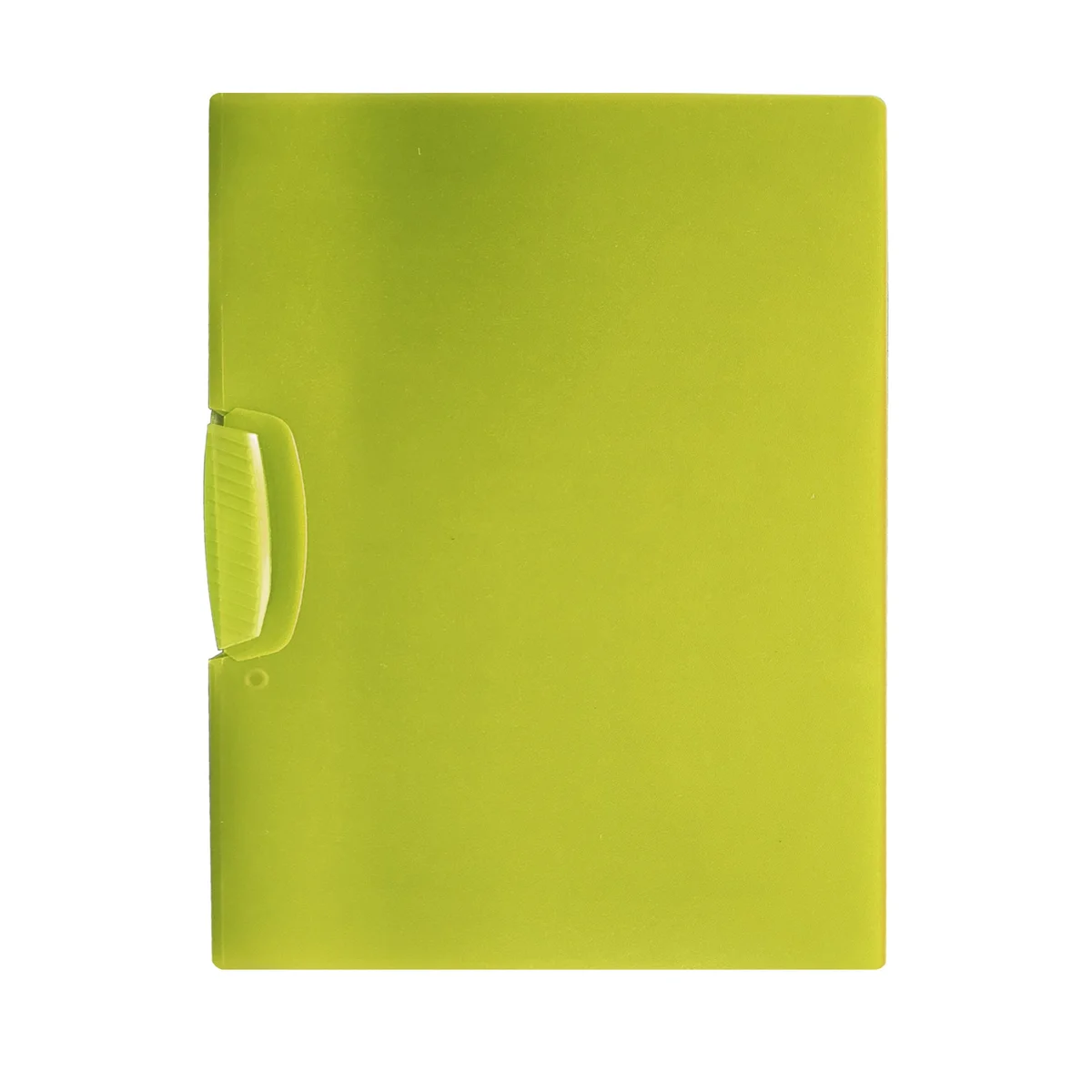 Four plastic report covers with front swing clips stacked, showing durable translucent plastic and side clip design