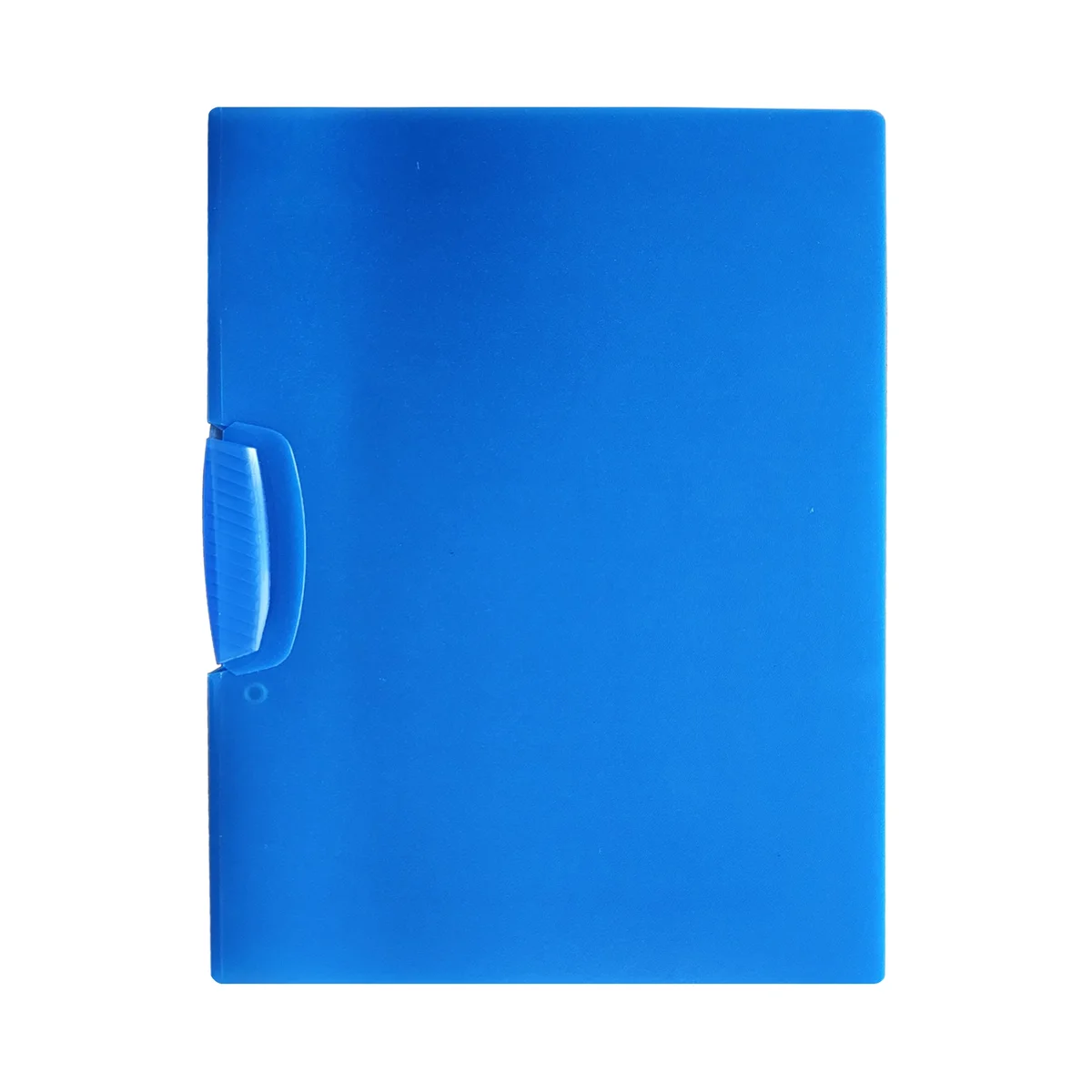 Four plastic report covers with front swing clips stacked, showing durable clear plastic and side clip mechanism