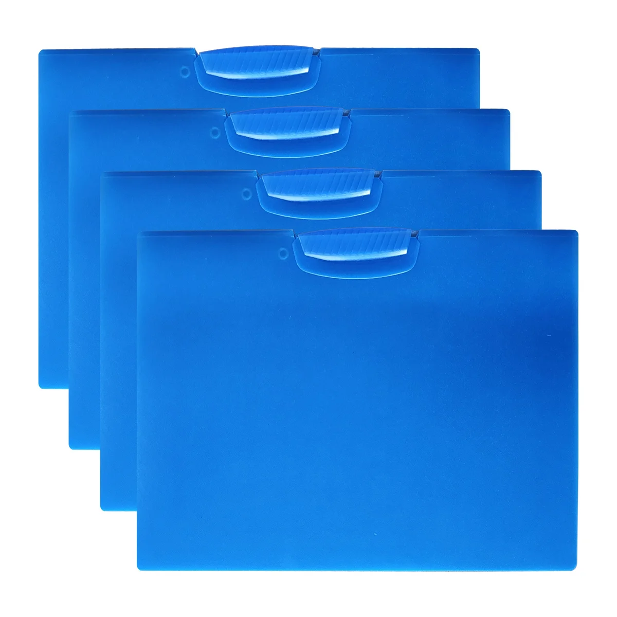 Four plastic report covers with front swing clips stacked, showing durable, waterproof folders for A4 documents