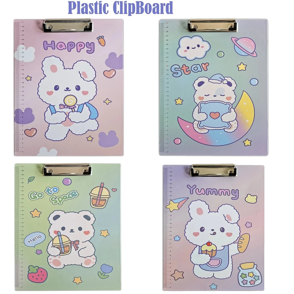 Set of 4 A4 cartoon clipboards with colorful playful designs and built-in ruler scale on plastic surface