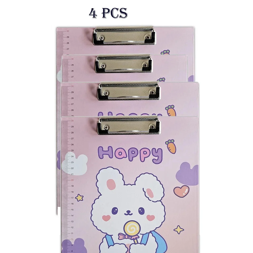 Set of 4 A4 plastic clipboards with colorful cartoon designs and ruler scale on edge for measuring and writing tasks