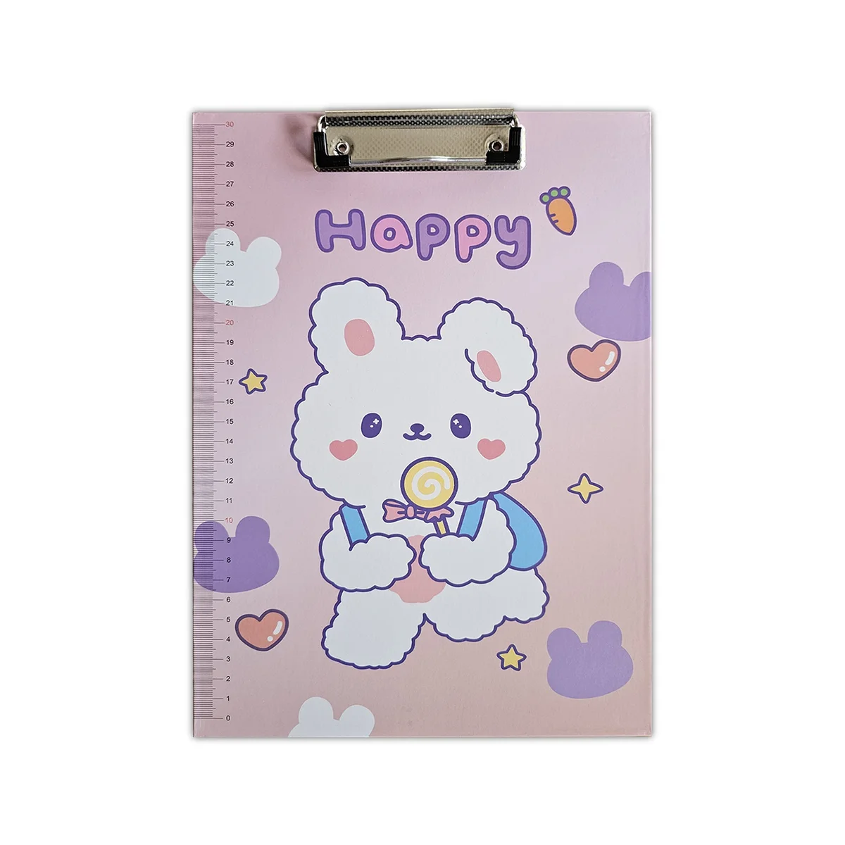 Set of 4 A4 cartoon clipboards with playful designs, plastic build, low-profile clips, and ruler scale edges