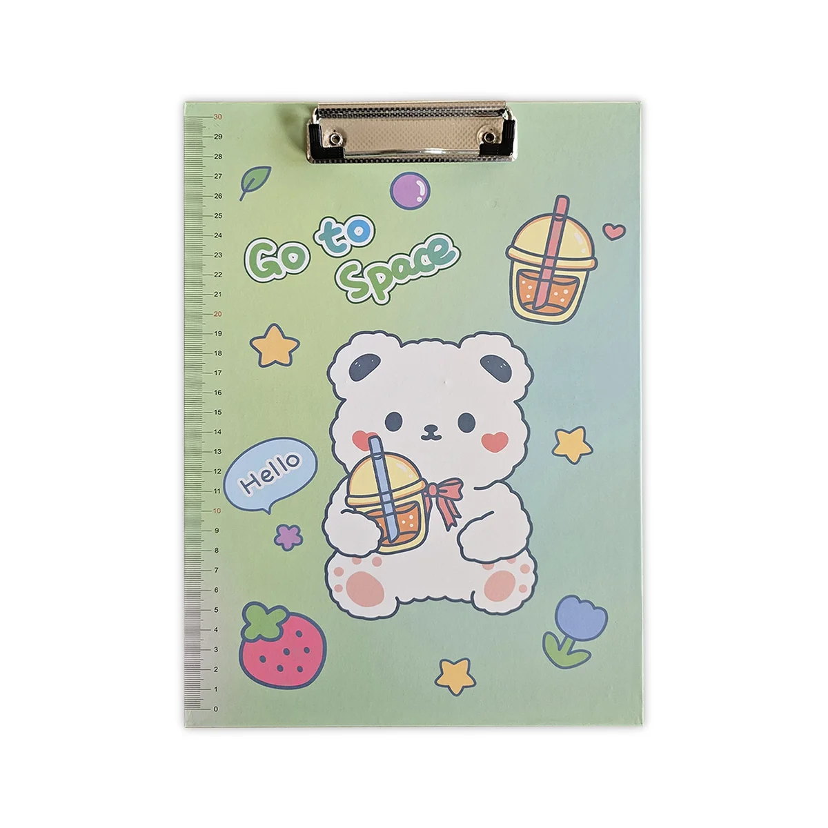 Set of four A4 cartoon clipboards with colorful playful designs and ruler scale on plastic surface, low-profile clip included