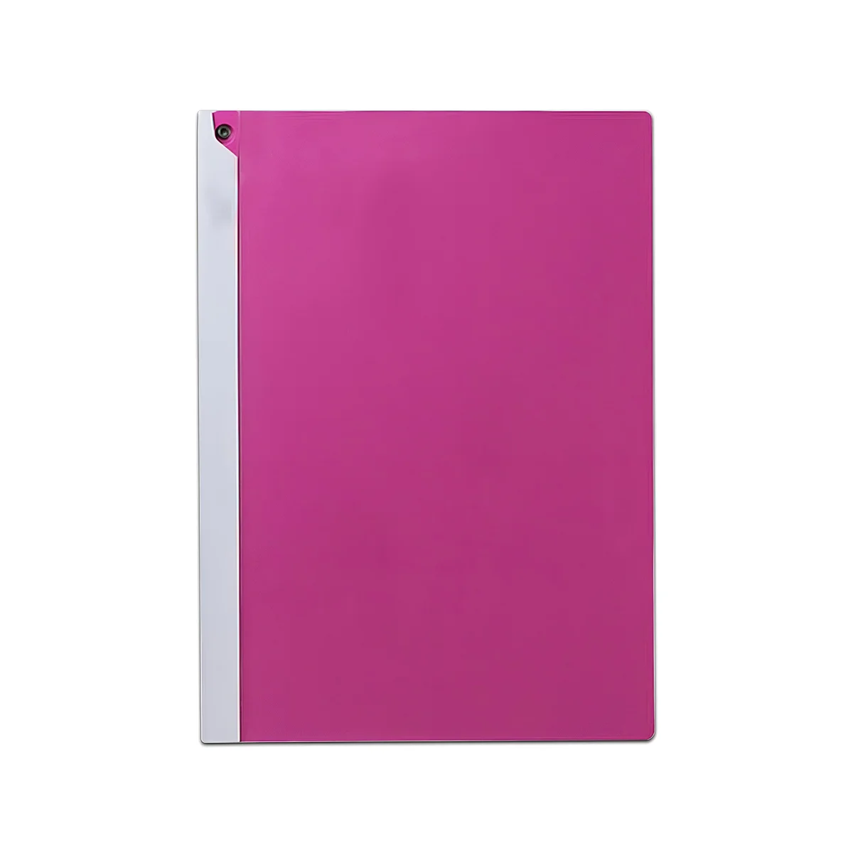Six rotating lever report folders in assorted colors fanned out showing their 90-degree rotating lever mechanism