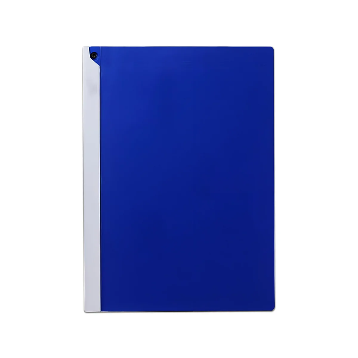 Six A4 rotating lever report folders in assorted colours stacked with one folder open showing the rotating lever mechanism