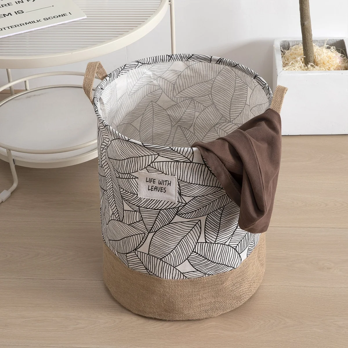 Black and white grid foldable laundry basket with waterproof lining, cotton material, 45cm tall and 35cm wide