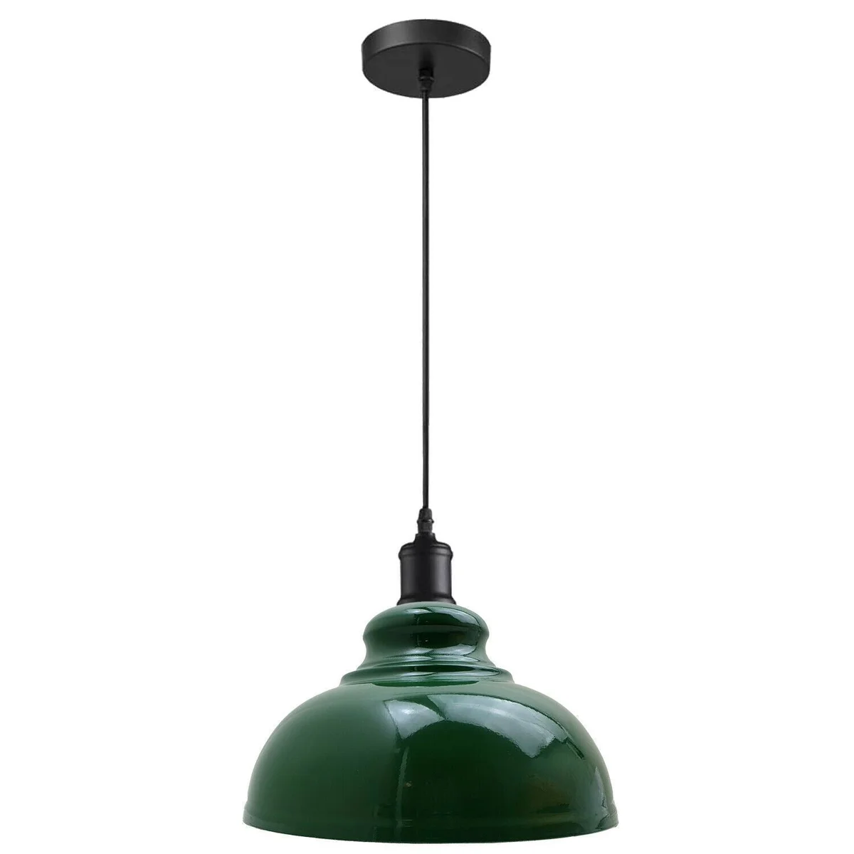 Adjustable dome pendant light with polished metal finish hanging from ceiling in modern industrial room setting