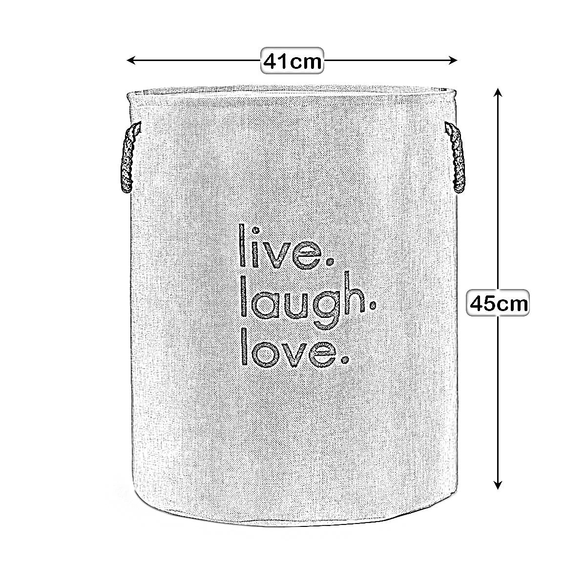 Foldable laundry basket made of jute with waterproof coating, round shape, side handles, standing in a room corner