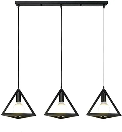 Matte black industrial ceiling light with three geometric triangle metal shades hanging from adjustable cables