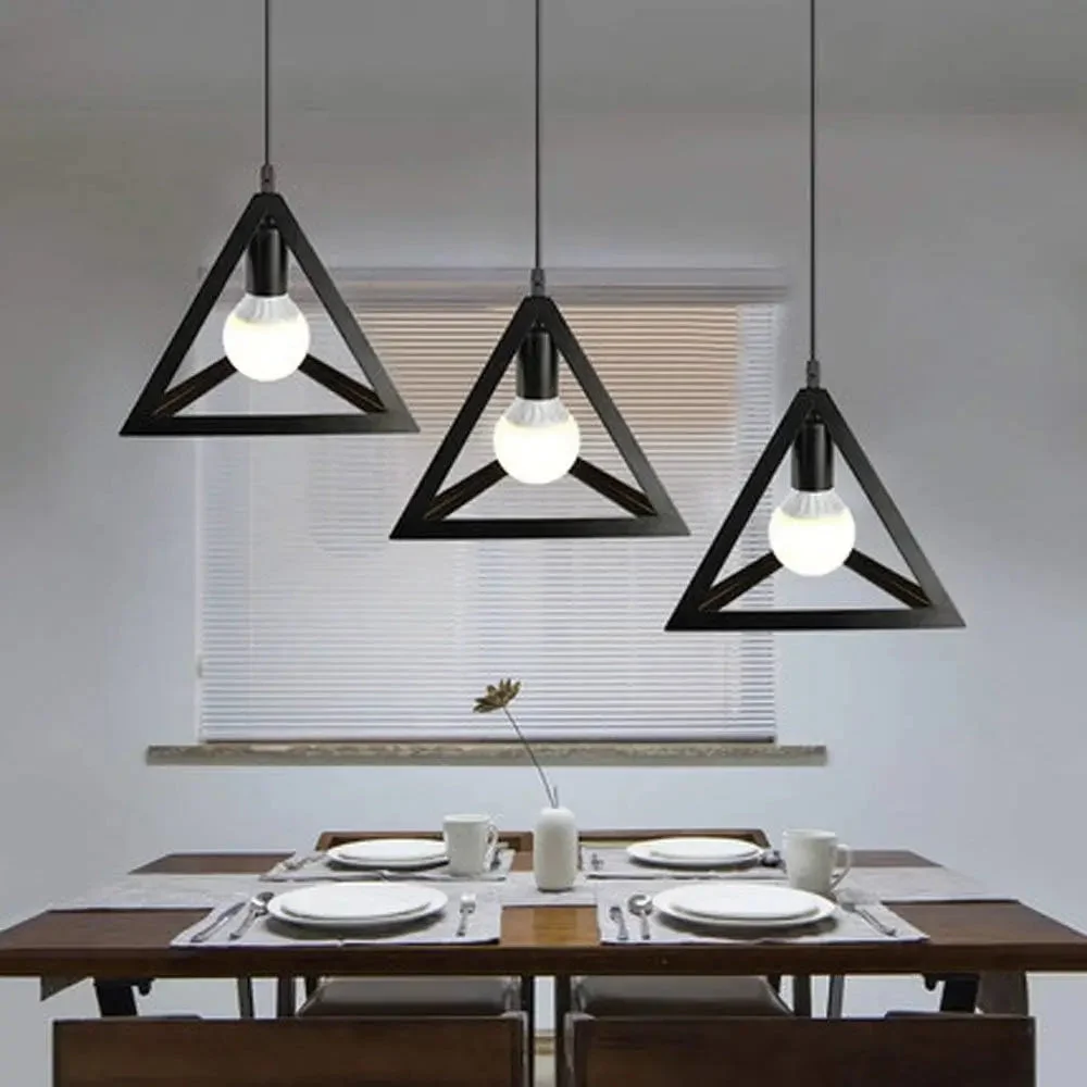 Modern adjustable pendant lamp with three matte black geometric triangle shades hanging from a 50cm linear base