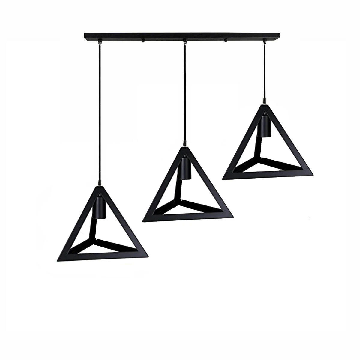 Matte black geometric triangle light with three open-frame pyramid shades hanging from adjustable cables on linear base