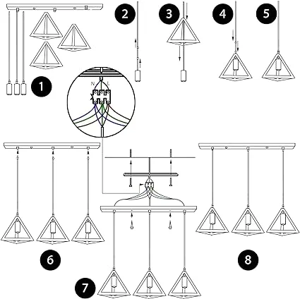 Matte black 3-light ceiling pendant with geometric triangle metal shades and adjustable cables hanging from a linear base