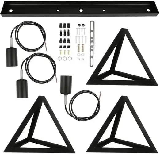 Modern pendant light with three matte black geometric triangle metal shades hanging from adjustable cables on a linear base