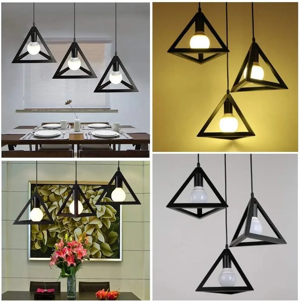 Modern pendant light with three matte black geometric triangle metal shades hanging from adjustable cables on a linear base