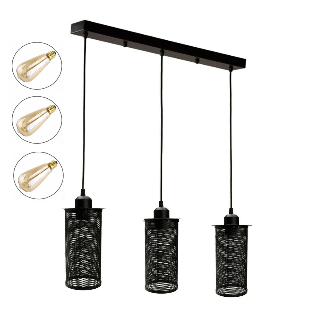 Three head hanging cage ceiling light with metal cages and adjustable 95cm cables for island or dining area lighting