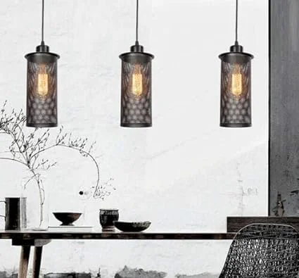 Three head metal and PVC pendant light with adjustable cables and cage shades hanging from ceiling plate