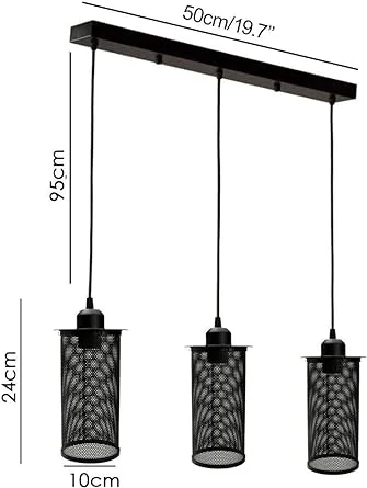 3 head ceiling pendant light with three metal cage shades hanging from adjustable cables on a white background