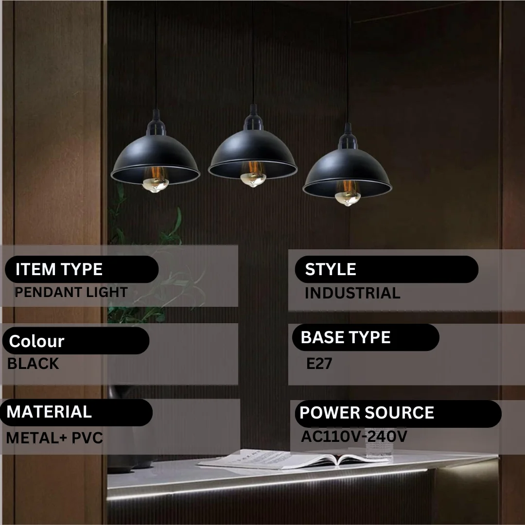 Black industrial triple dome ceiling light with three adjustable metal shades hanging from rectangular ceiling plate