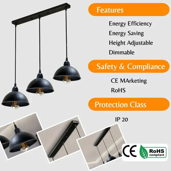Industrial 3 way adjustable pendant light with triple black metal dome shades and 95cm adjustable cables on ceiling plate