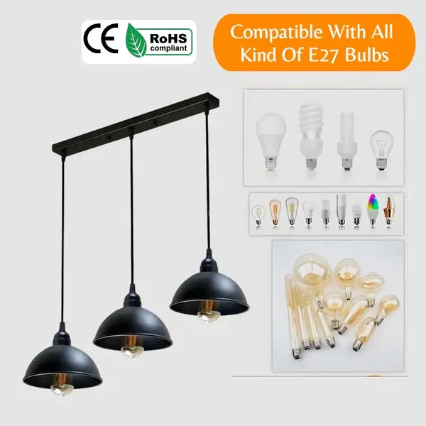 Triple dome black metal pendant light with adjustable cables and rectangular E27 ceiling fitting for kitchen or dining areas