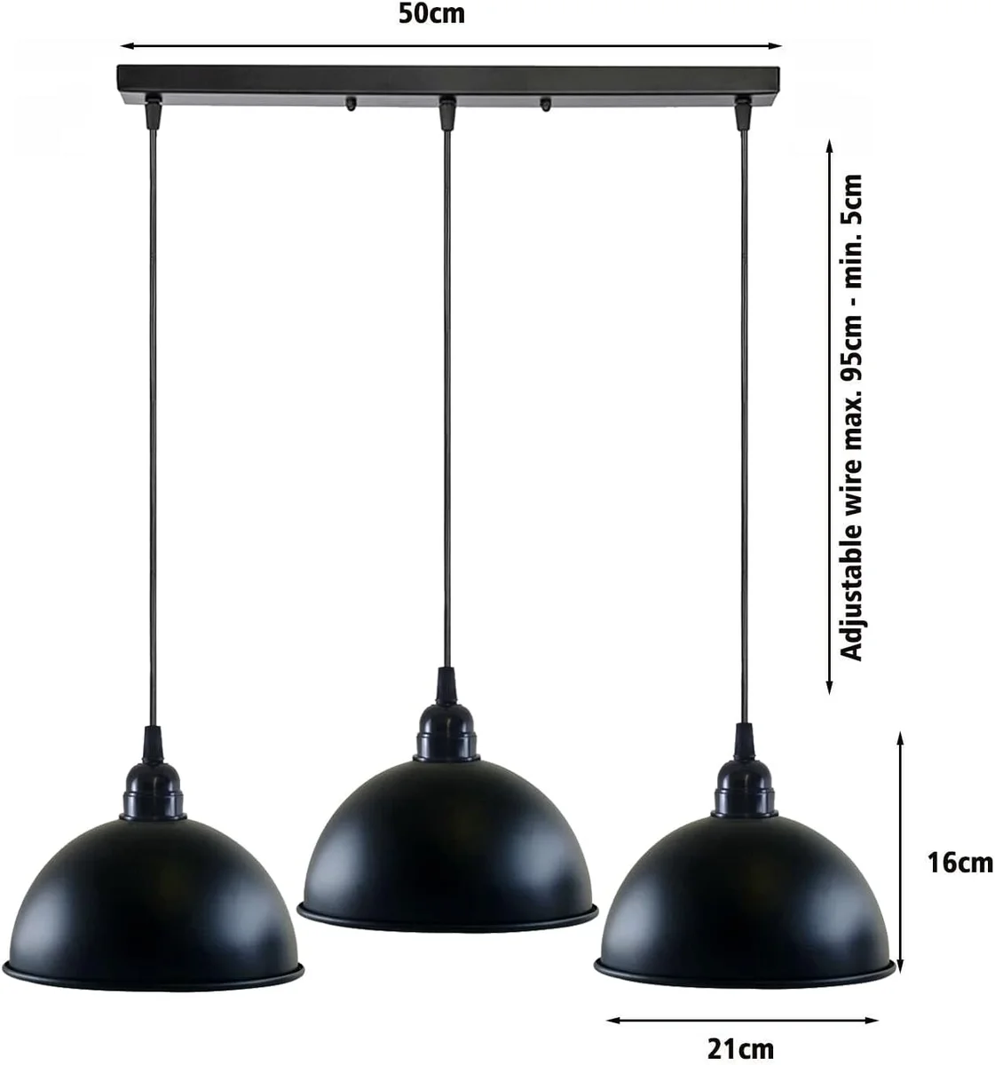 Three black metal dome light shades hanging from adjustable cables on a rectangular ceiling plate in industrial style design