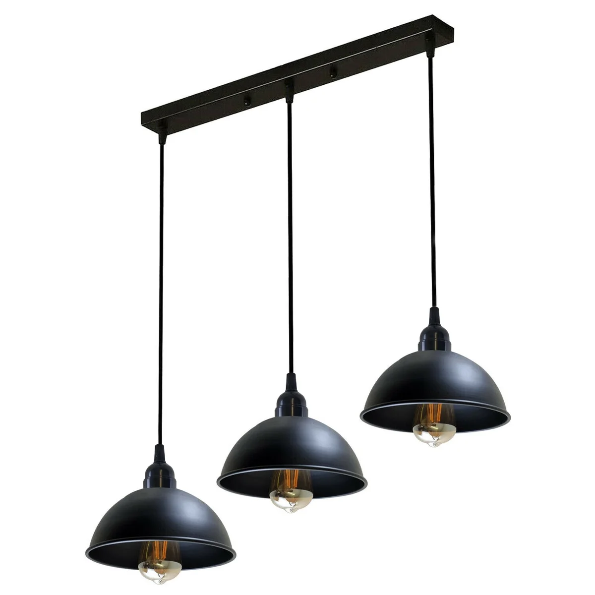 Industrial pendant light with three black metal dome shades hanging from adjustable cables on a rectangular ceiling plate