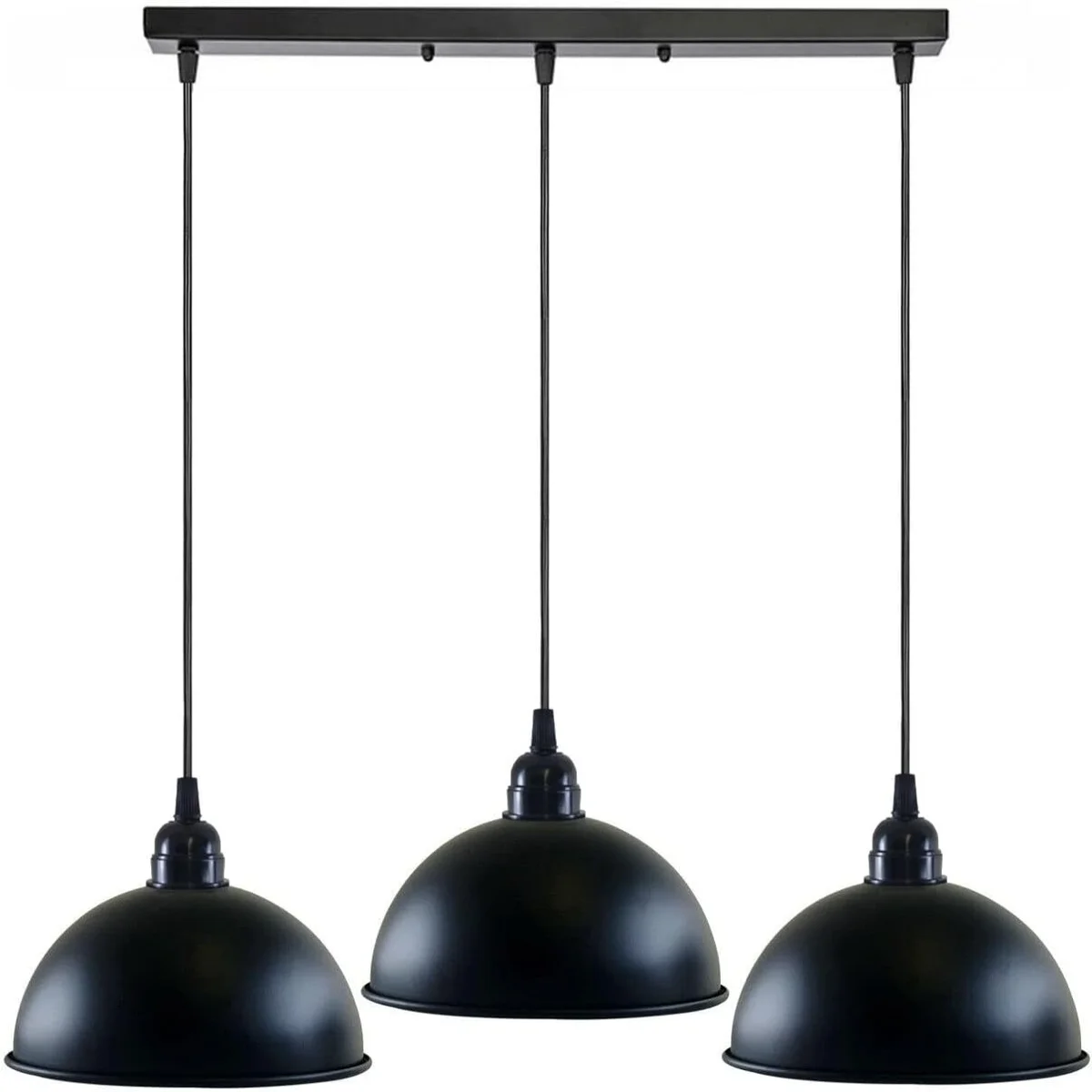 Industrial pendant light with three black metal dome shades hanging from adjustable cables on a rectangular ceiling plate