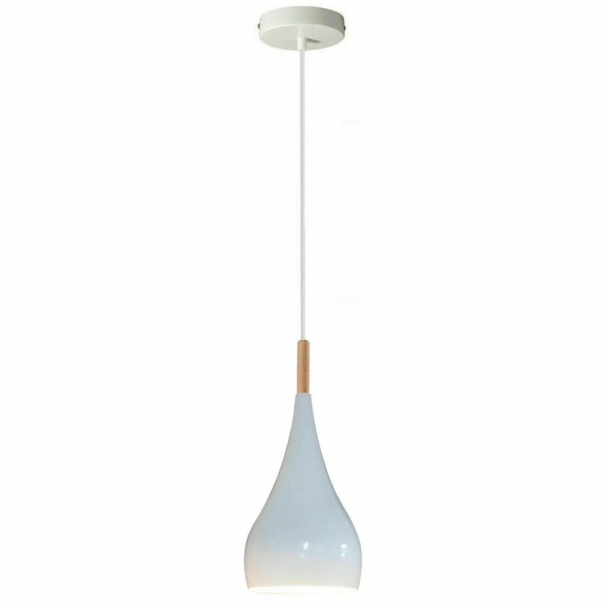 White pendant light with metal frame and white shade, hanging from ceiling with included support kit.