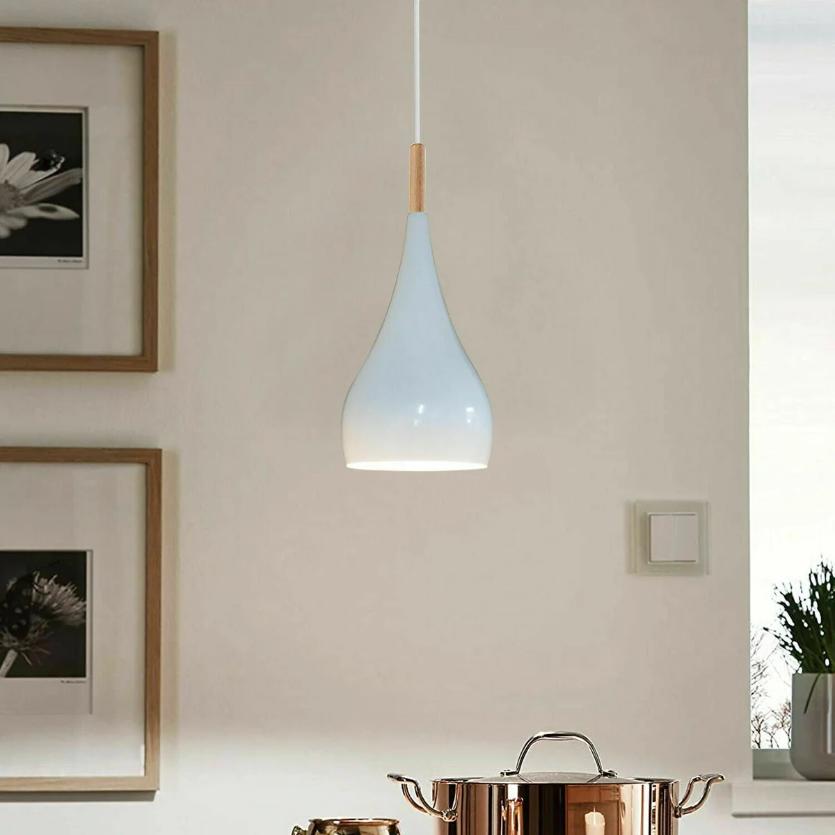 White metal ceiling light hanging pendant with simple white shade, modern retro style