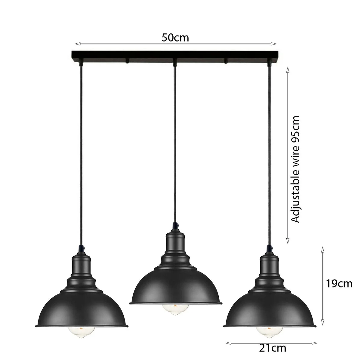 Black industrial 3 light pendant light with metal dome lampshades hanging from adjustable cables