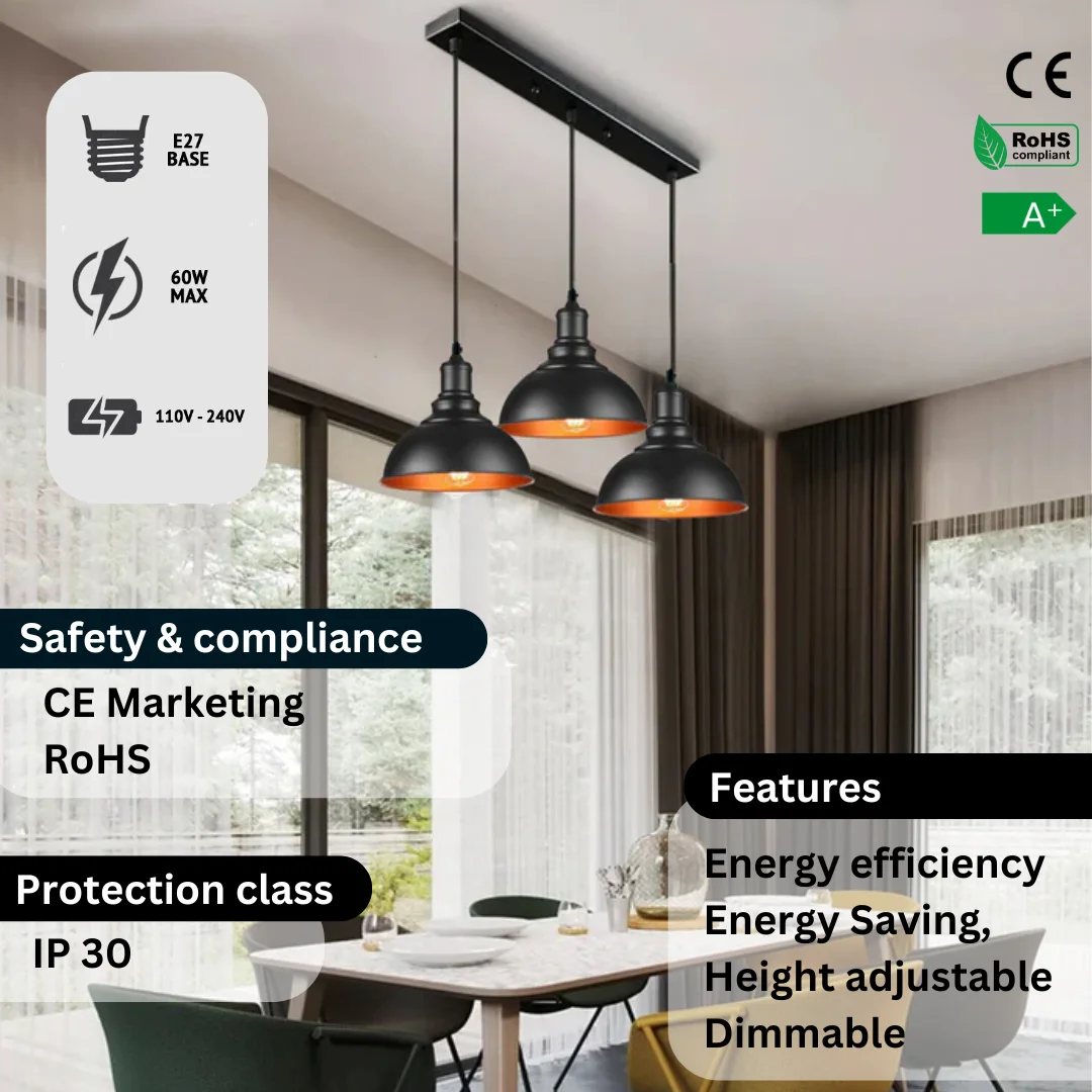 Three black ceiling pendant lights with dome metal shades hanging in an industrial retro style against a white background
