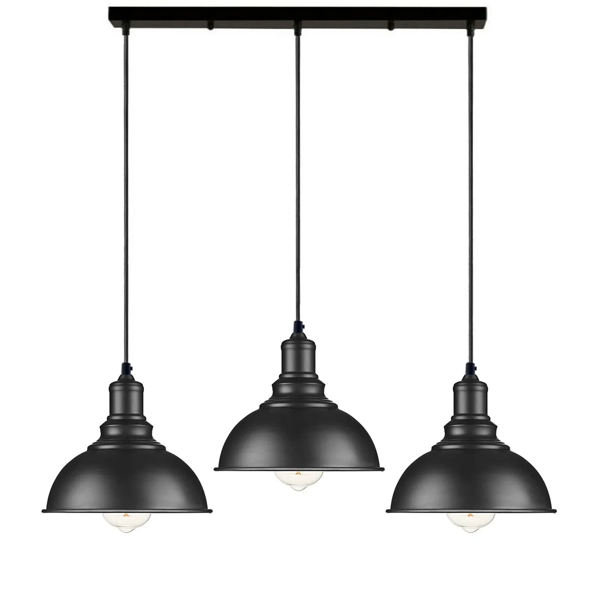 Three black industrial pendant lights with adjustable metal dome lampshades hanging from ceiling cables