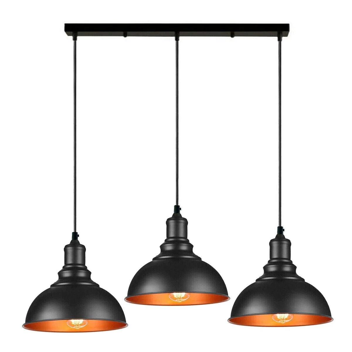 Three black metal dome industrial pendant ceiling lights hanging with adjustable cables against a white background