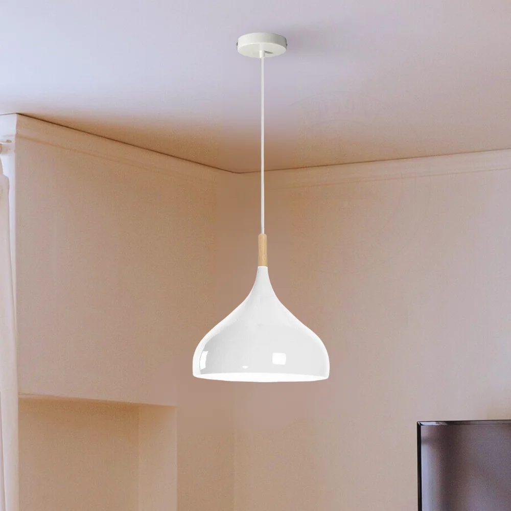 Modern white pendant light with metal shade and 95cm cable, designed for kitchen island ceiling installation