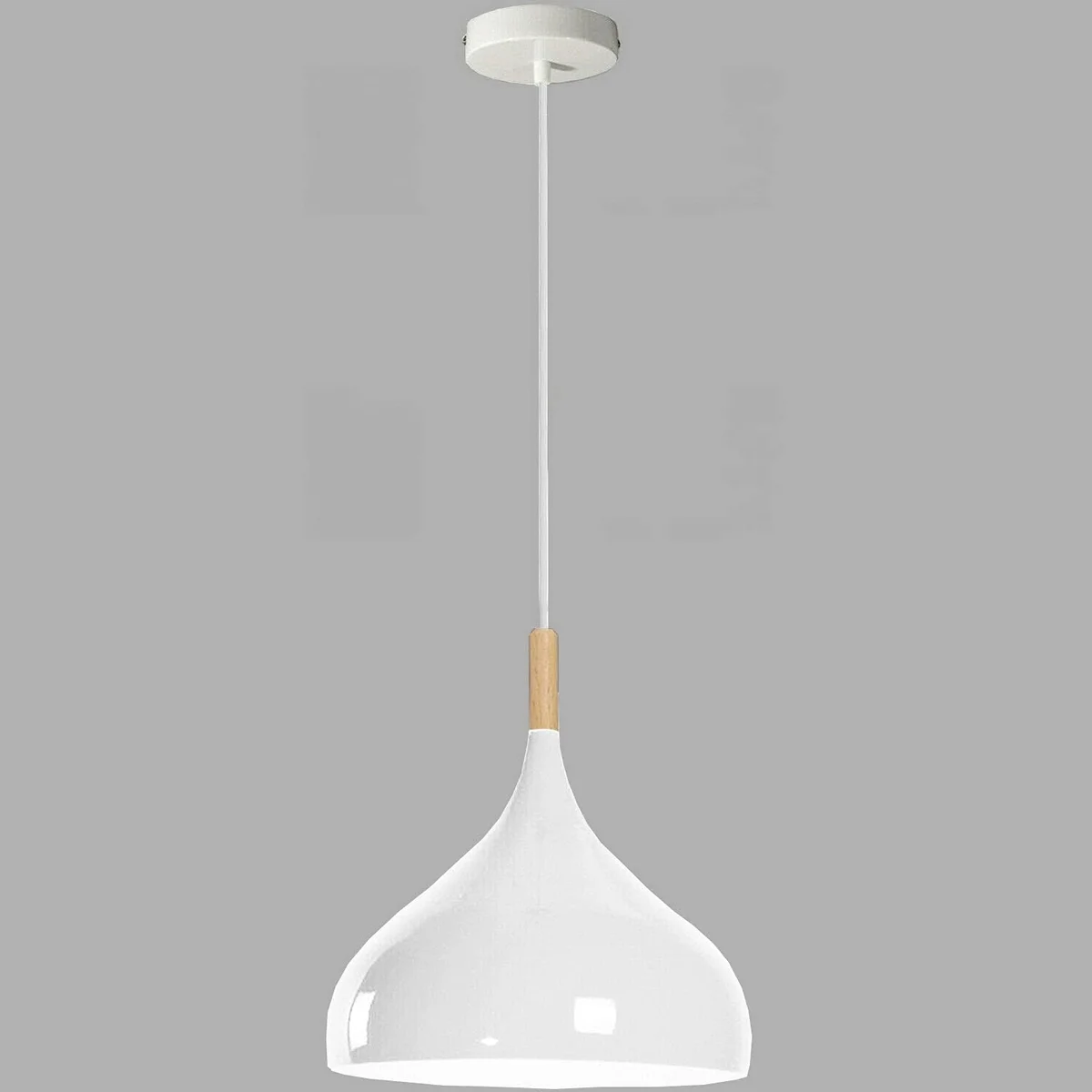 Modern white pendant light with metal shade hanging from ceiling, designed for kitchen island lighting with E27 bulb base