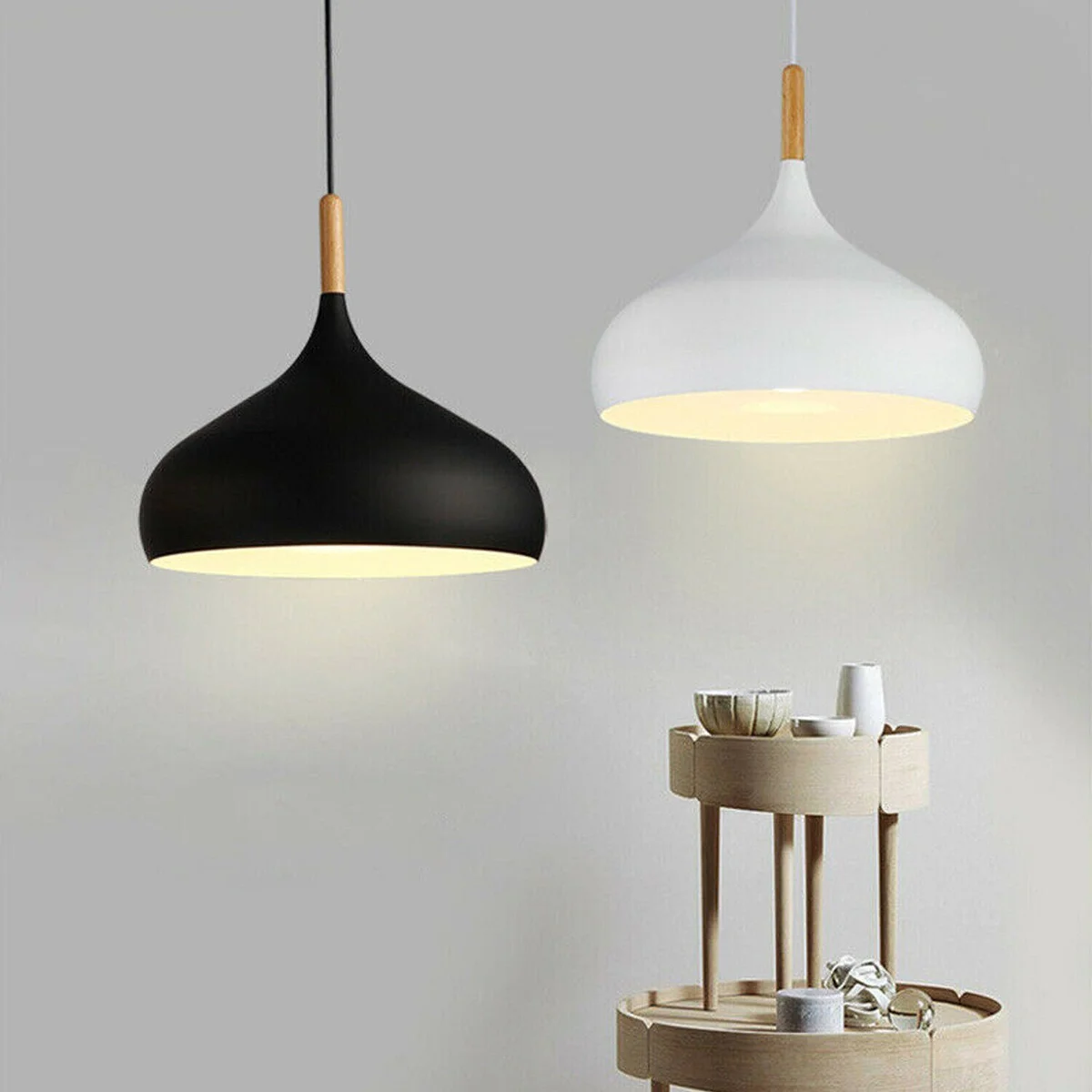 Modern white metal pendant kitchen island ceiling light with wooden accent and 95cm PVC cable hanging indoors