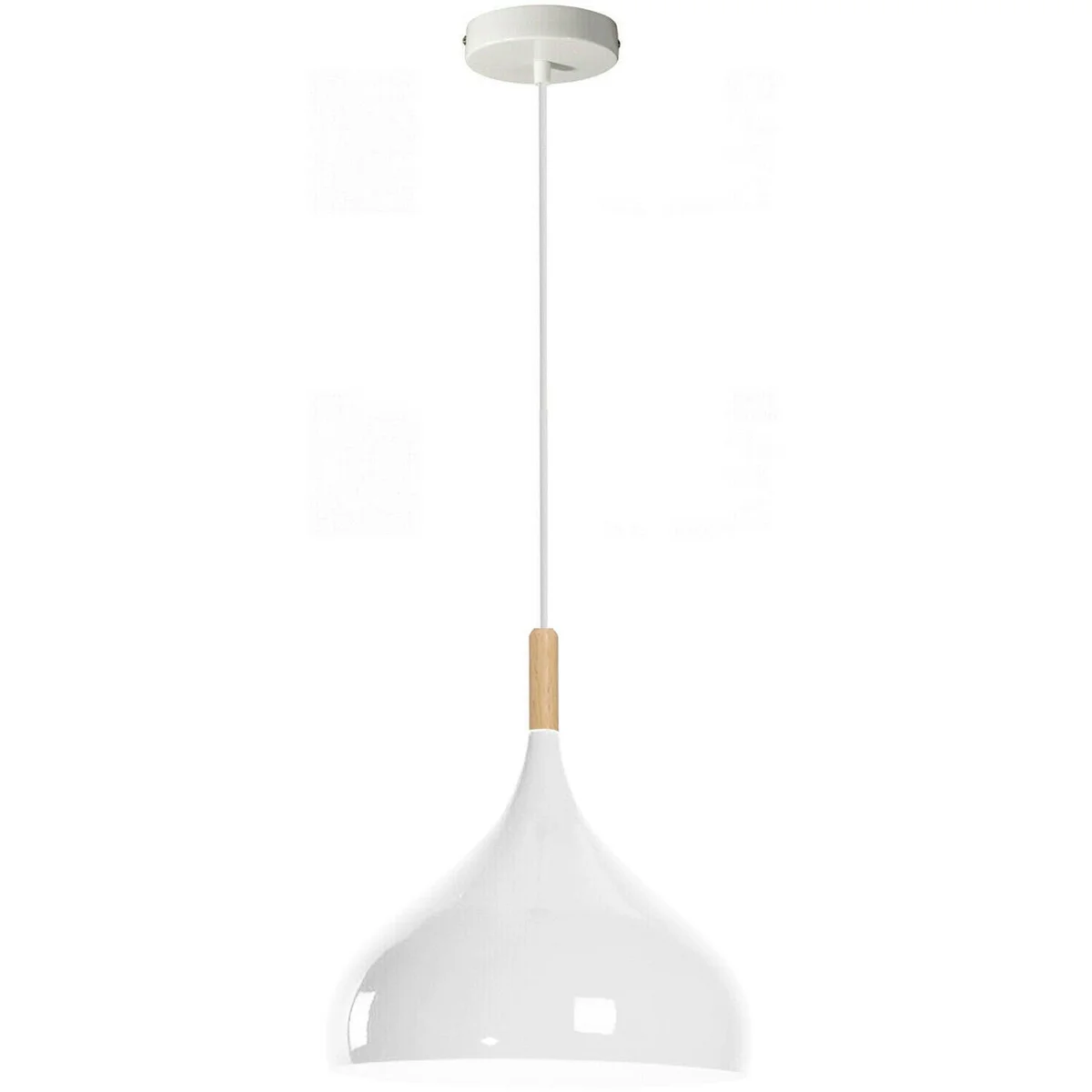 Modern white metal pendant light with wooden accent and 95cm cable, ideal for indoor ceiling lighting in kitchens or dining areas
