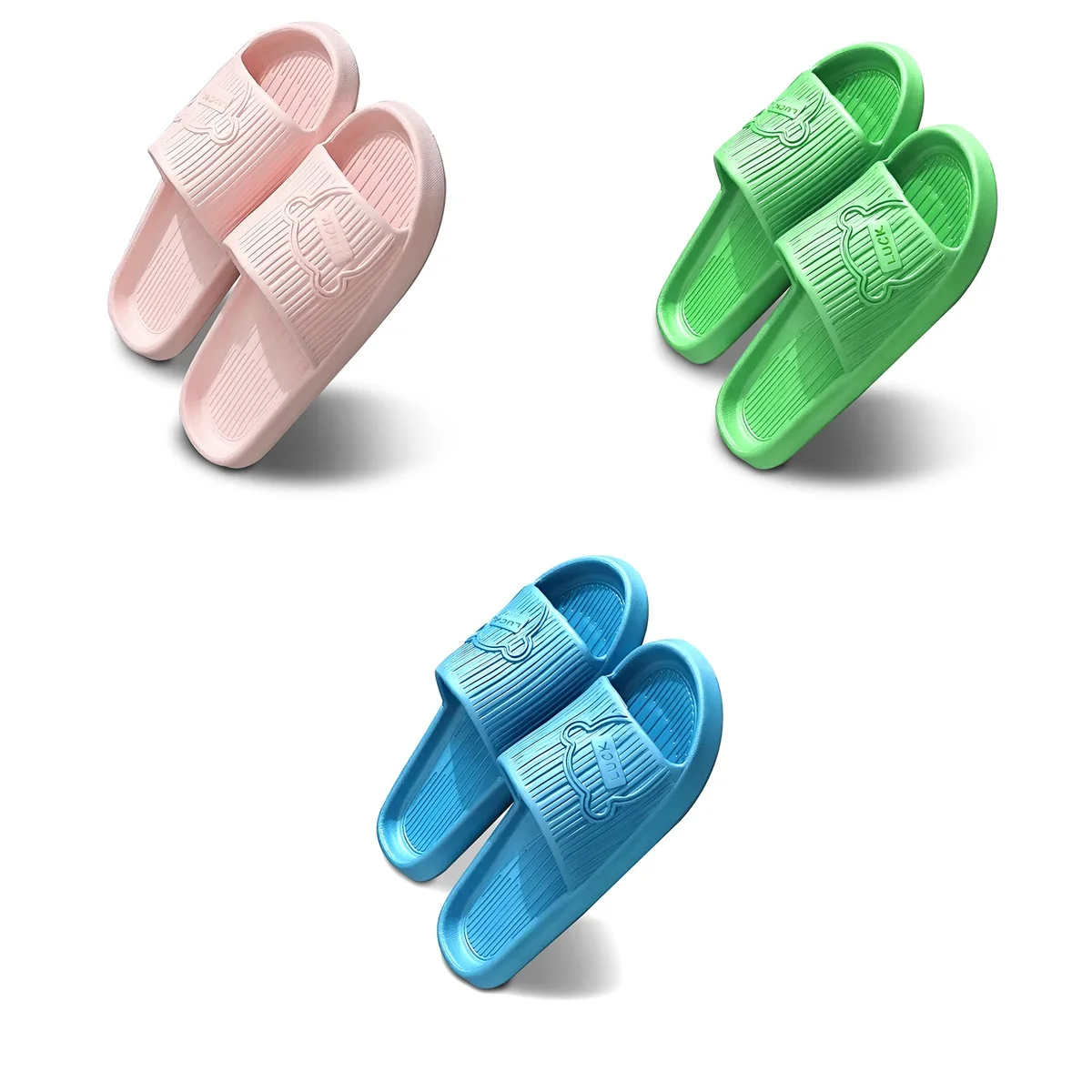 Three pairs of lightweight EVA slippers in black, grey, and navy blue with non-slip soles and ergonomic design