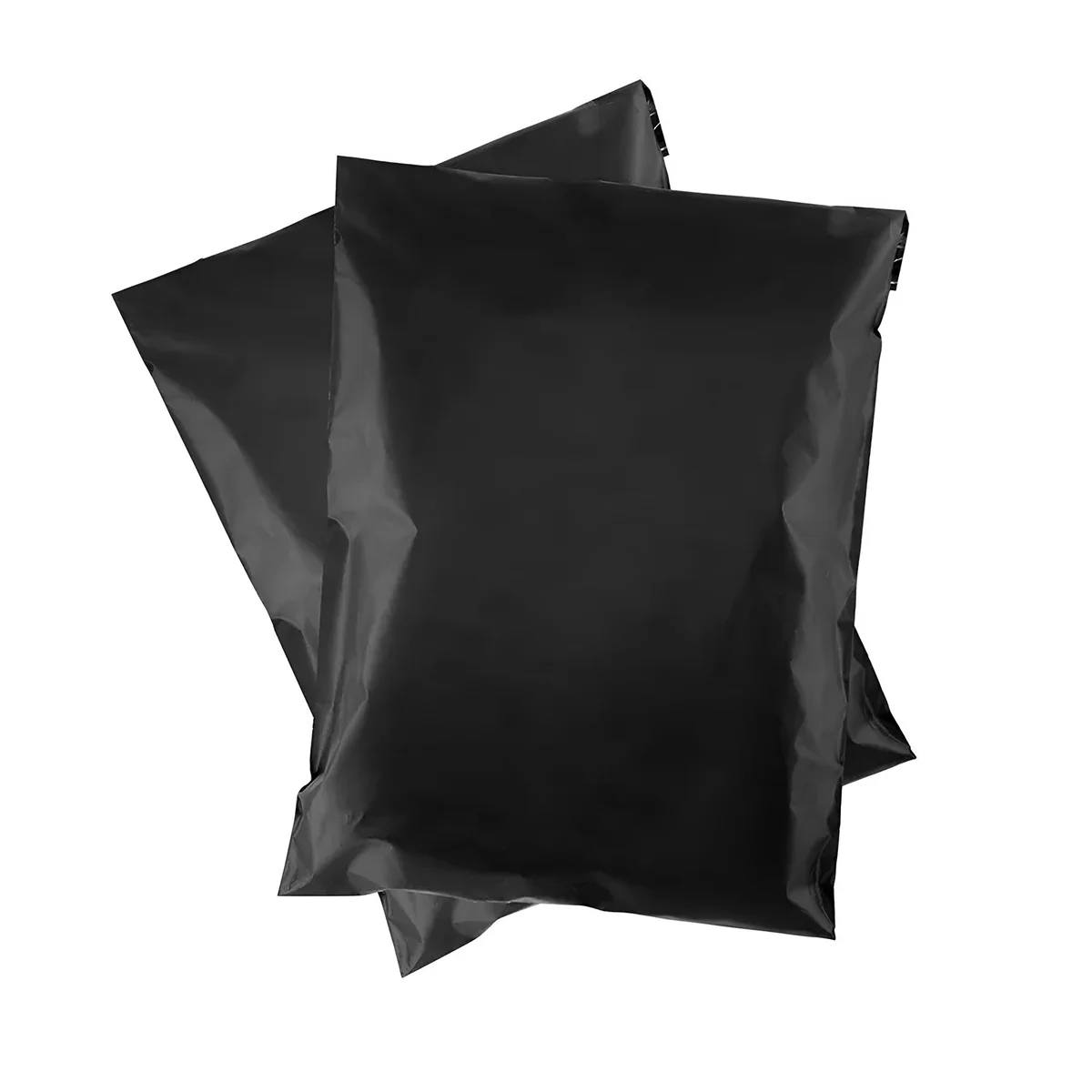 Stack of white self-adhesive mail bags made from durable polyethylene with peel and seal closure on a plain background