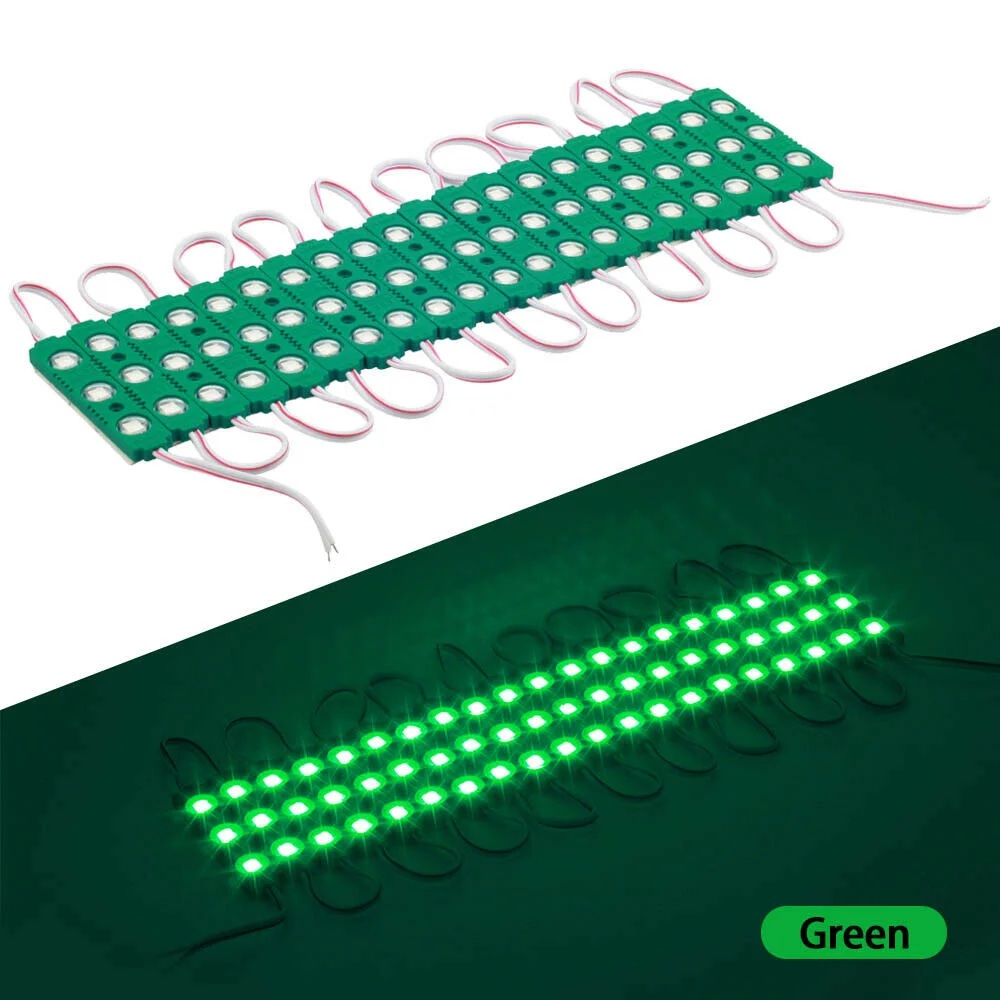 Single 12V green LED module with compact design and waterproof IP67 casing for bright, energy-efficient lighting
