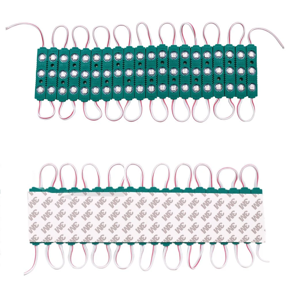 Green waterproof LED module with double-sided adhesive, emitting bright green light for signage and decoration