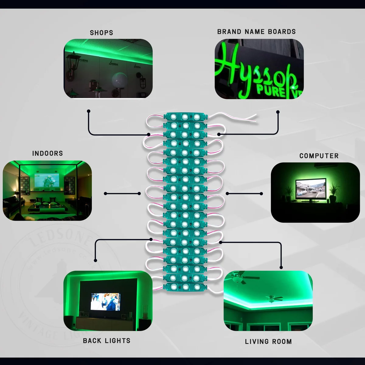 Green LED module showing compact design and IP67 waterproof casing, ideal for energy efficient LED lighting applications.