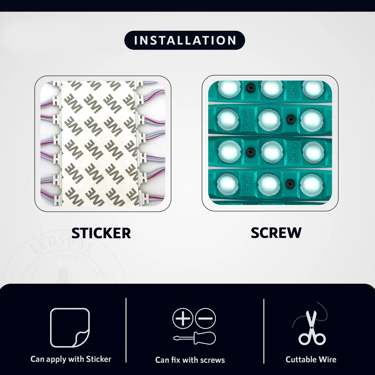 Green LED module showing compact rectangular design with double-sided adhesive backing for easy mounting